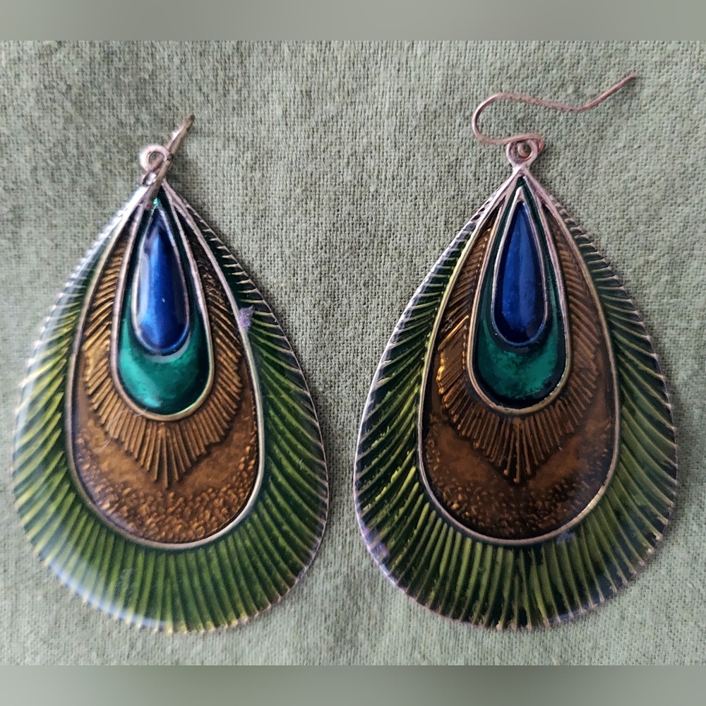 Elegant Blue, Green, and Gold Teardrop Earrings